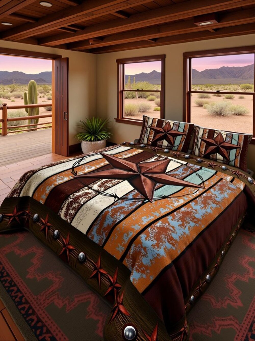 Western Texas Star Kids Comforter Set King Size,Vintage Wooden Plank Bedding